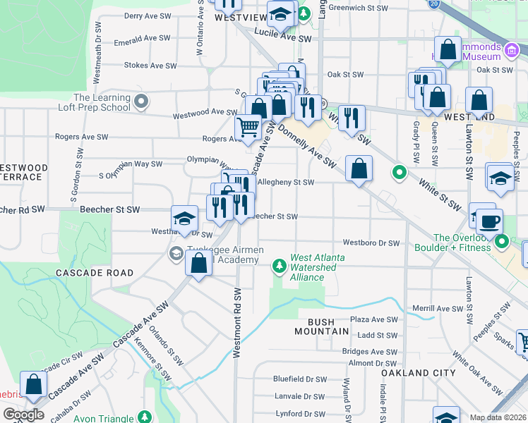 map of restaurants, bars, coffee shops, grocery stores, and more near 1493 Beecher Street Southwest in Atlanta