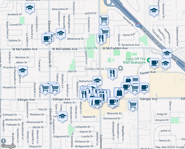 map of restaurants, bars, coffee shops, grocery stores, and more near 6901 Shannon Drive in Huntington Beach