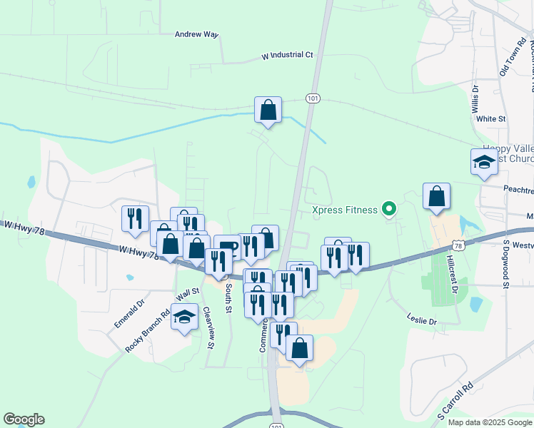 map of restaurants, bars, coffee shops, grocery stores, and more near Edinberg Drive in Villa Rica