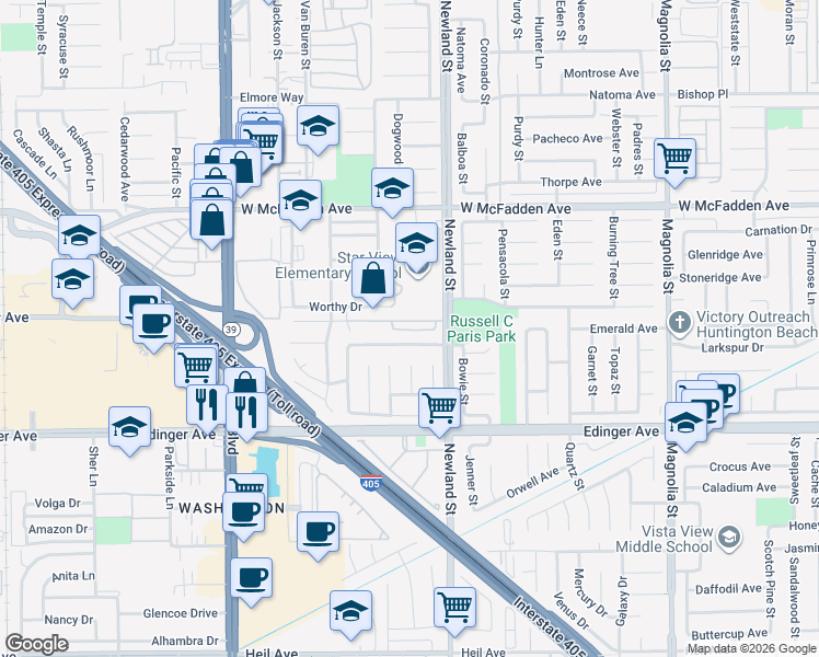 map of restaurants, bars, coffee shops, grocery stores, and more near 15761 Newland Street in Westminster