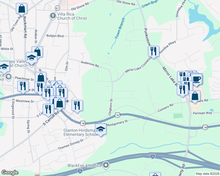 map of restaurants, bars, coffee shops, grocery stores, and more near 147 Cleghorn Street in Villa Rica