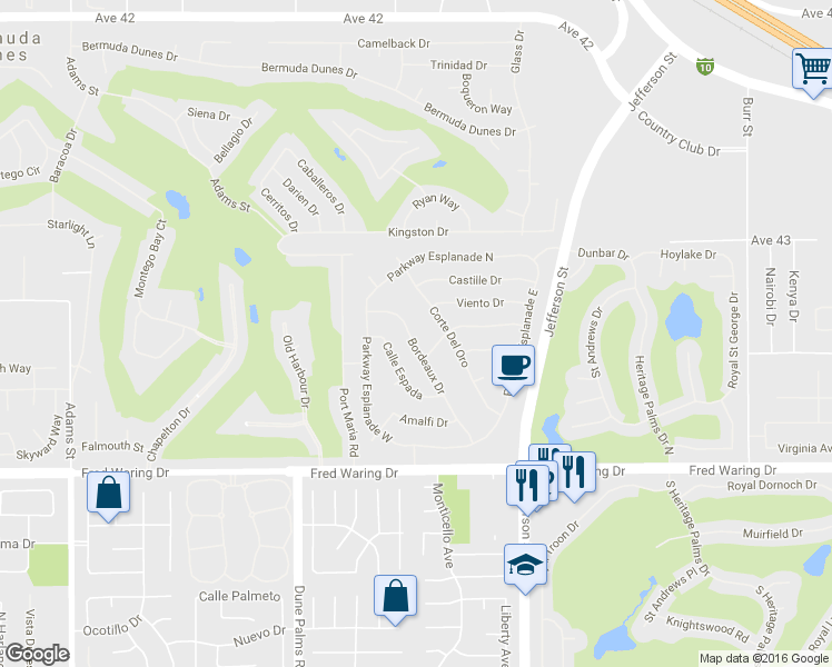 map of restaurants, bars, coffee shops, grocery stores, and more near 43424 Bordeaux Drive in La Quinta