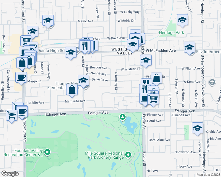 map of restaurants, bars, coffee shops, grocery stores, and more near 10712 Anchor Avenue in Garden Grove