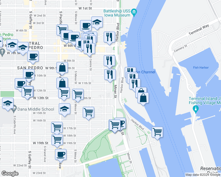 map of restaurants, bars, coffee shops, grocery stores, and more near 1144 South Palos Verdes Street in Los Angeles