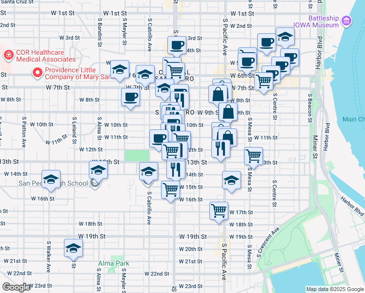 map of restaurants, bars, coffee shops, grocery stores, and more near 654 West 12th Street in Los Angeles