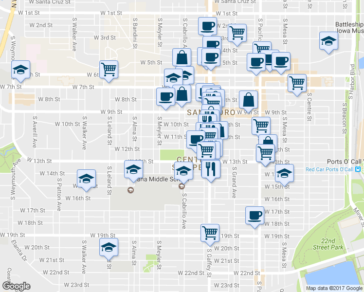 map of restaurants, bars, coffee shops, grocery stores, and more near 792 West 12th Street in Los Angeles