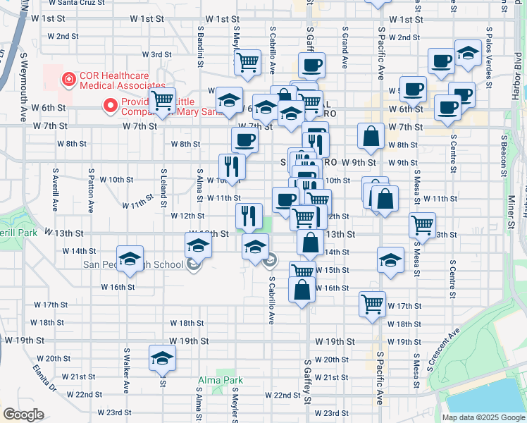 map of restaurants, bars, coffee shops, grocery stores, and more near 792 West 12th Street in Los Angeles