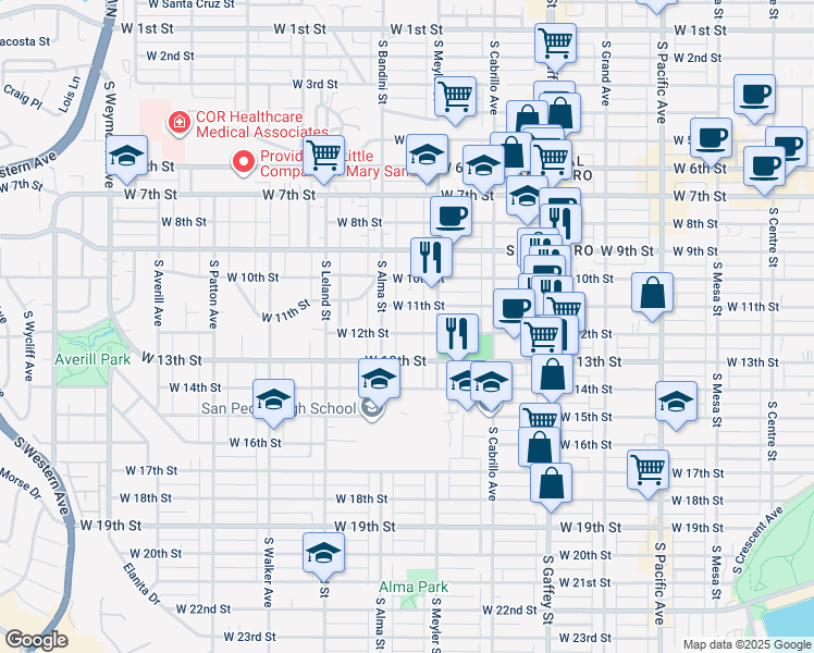 map of restaurants, bars, coffee shops, grocery stores, and more near 934 West 12th Street in Los Angeles