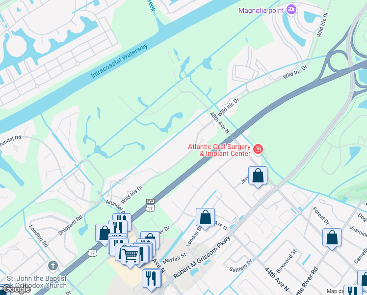 map of restaurants, bars, coffee shops, grocery stores, and more near 4725 Wild Iris Drive in Myrtle Beach
