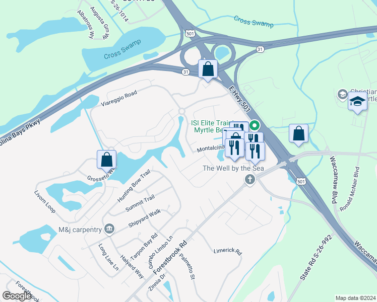 map of restaurants, bars, coffee shops, grocery stores, and more near 5250 Casentino Court in Myrtle Beach