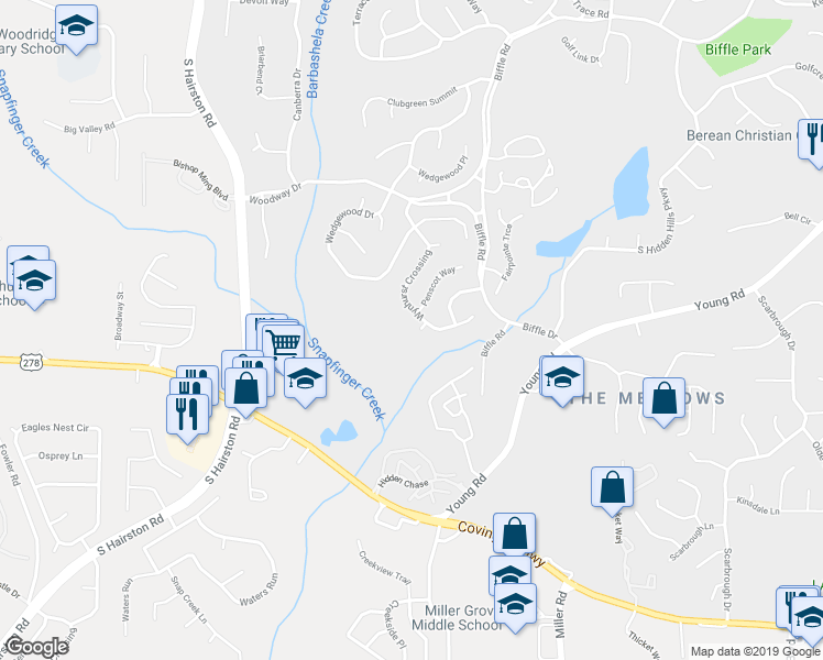 map of restaurants, bars, coffee shops, grocery stores, and more near 4930 Aylesbury Way in Stone Mountain