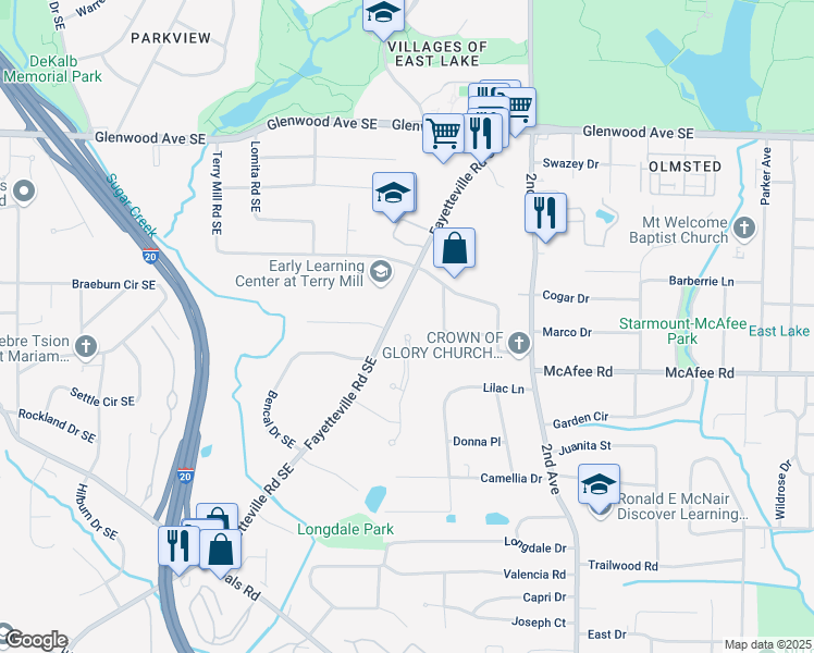 map of restaurants, bars, coffee shops, grocery stores, and more near 1903 River Birch Lane in Atlanta