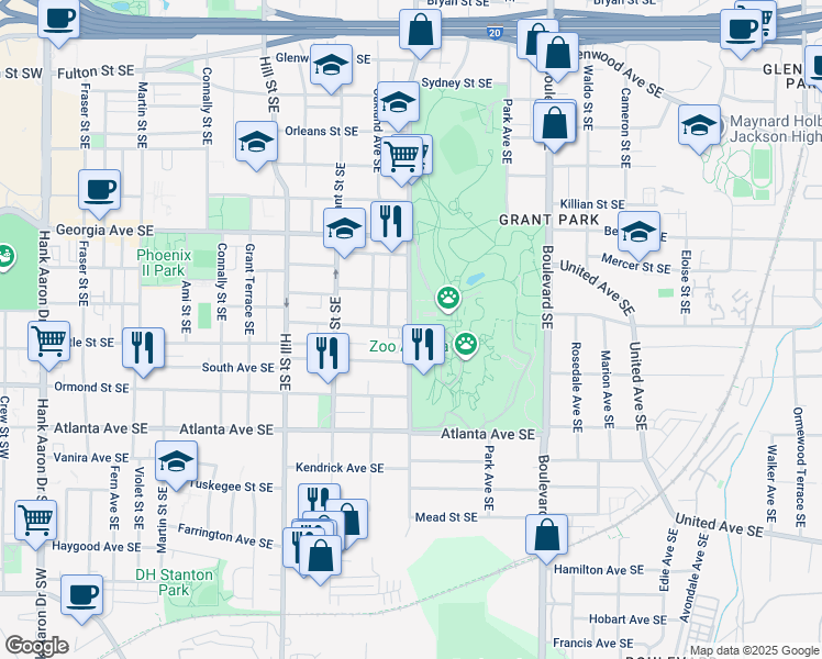 map of restaurants, bars, coffee shops, grocery stores, and more near in Atlanta