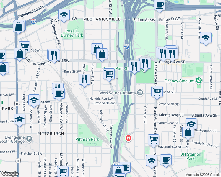 map of restaurants, bars, coffee shops, grocery stores, and more near 781 Pryor Street Southwest in Atlanta