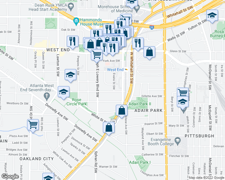 map of restaurants, bars, coffee shops, grocery stores, and more near 849 Beecher Street Southwest in Atlanta