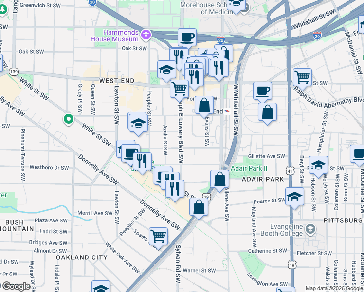 map of restaurants, bars, coffee shops, grocery stores, and more near 887 Beecher Street Southwest in Atlanta