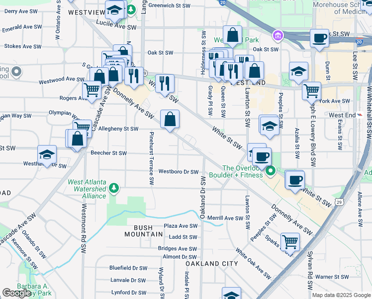 map of restaurants, bars, coffee shops, grocery stores, and more near 1283 Beecher Street Southwest in Atlanta