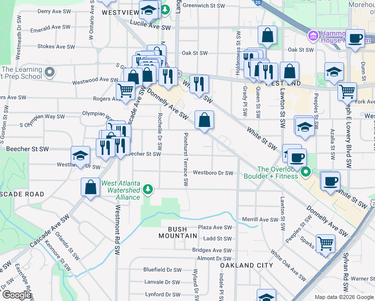 map of restaurants, bars, coffee shops, grocery stores, and more near 1355 Beecher Street Southwest in Atlanta