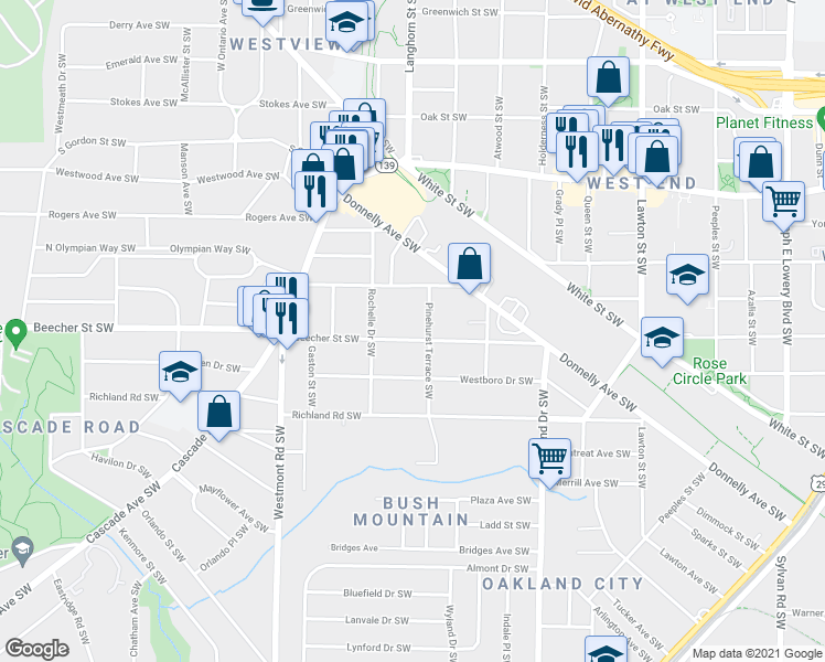 map of restaurants, bars, coffee shops, grocery stores, and more near 1355 Beecher Street Southwest in Atlanta