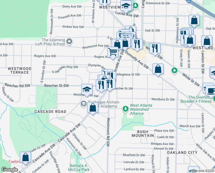 map of restaurants, bars, coffee shops, grocery stores, and more near 1535 Beecher Street Southwest in Atlanta