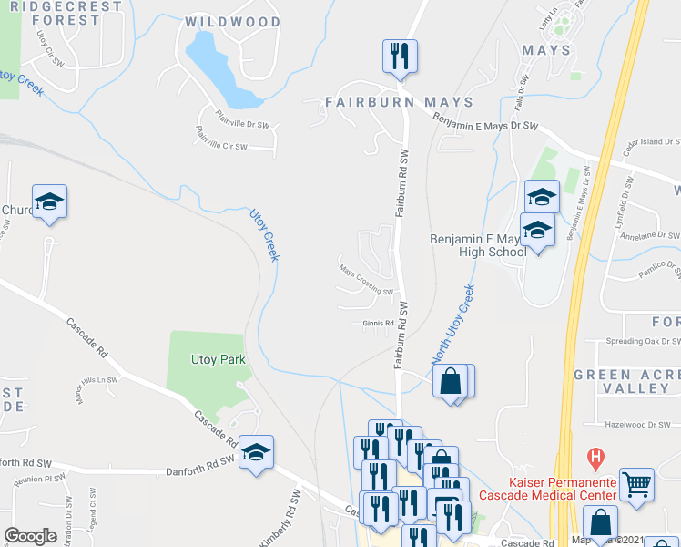 map of restaurants, bars, coffee shops, grocery stores, and more near 3745 Mays Crossing Southwest in Atlanta