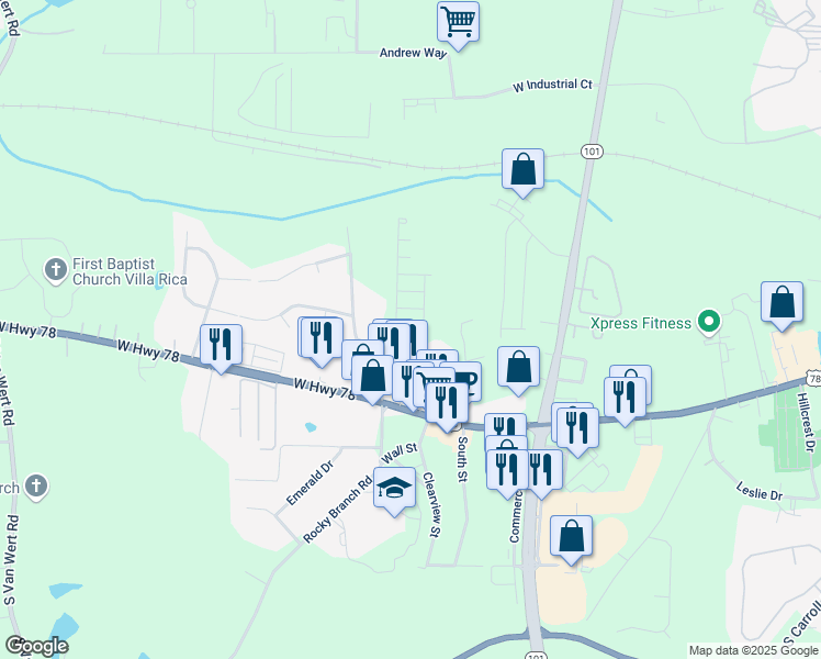 map of restaurants, bars, coffee shops, grocery stores, and more near in Villa Rica