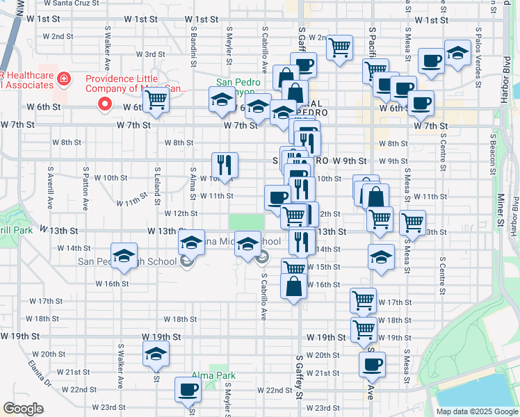 map of restaurants, bars, coffee shops, grocery stores, and more near 1131 South Cabrillo Avenue in Los Angeles
