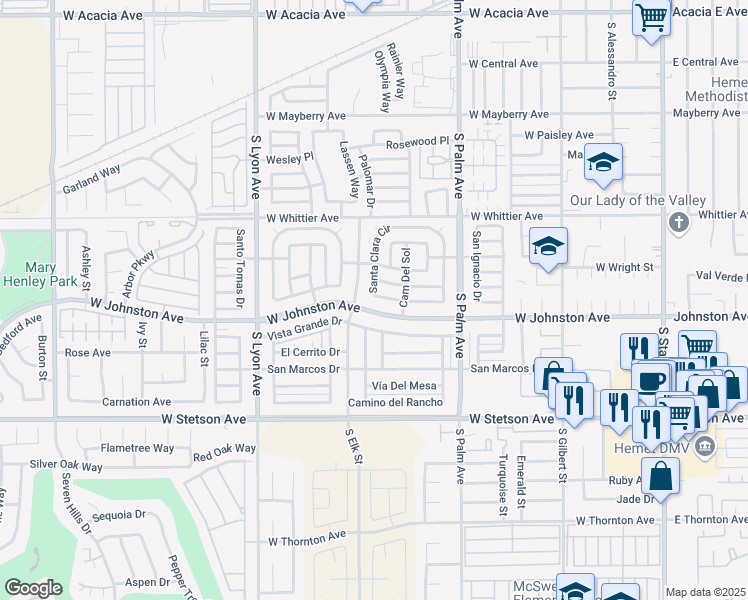 map of restaurants, bars, coffee shops, grocery stores, and more near 590 Santa Clara Circle in Hemet
