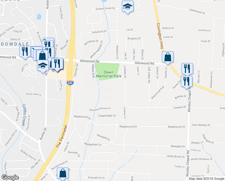 map of restaurants, bars, coffee shops, grocery stores, and more near 2180 Glenwood Downs Drive in Decatur