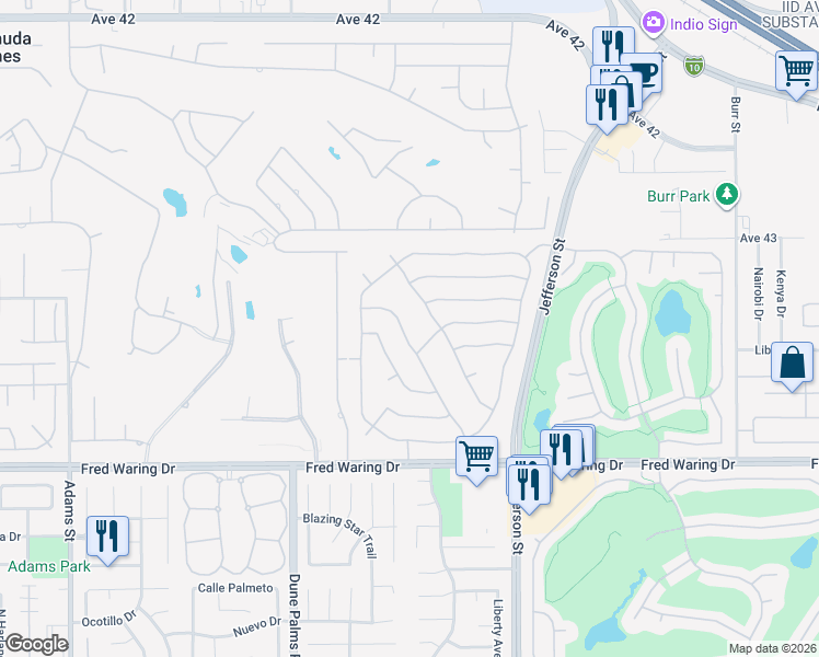 map of restaurants, bars, coffee shops, grocery stores, and more near 43472 Bordeaux Drive in La Quinta