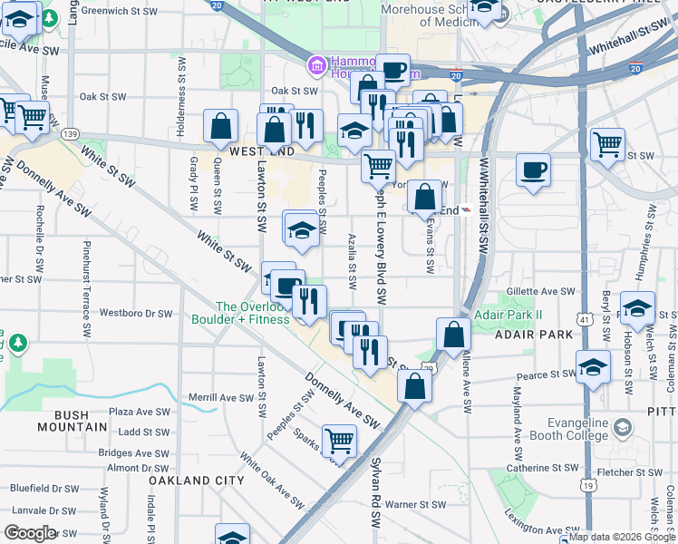map of restaurants, bars, coffee shops, grocery stores, and more near 973 Beecher Street Southwest in Atlanta