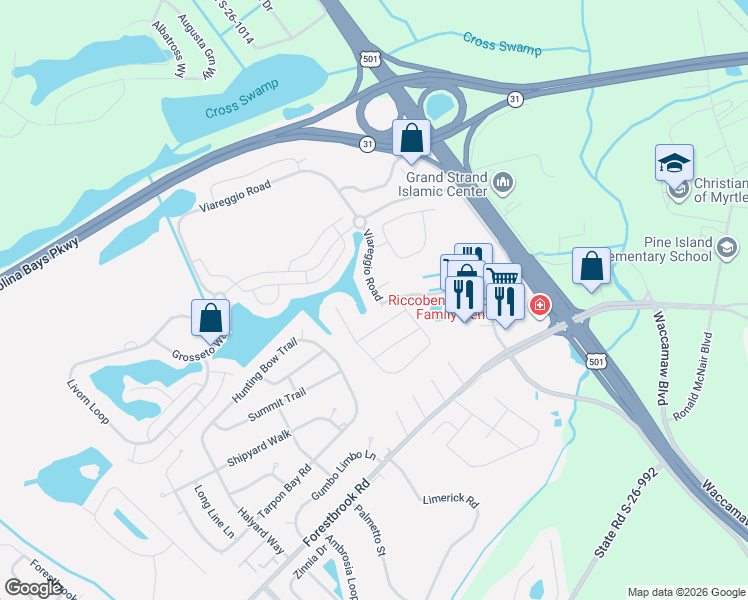 map of restaurants, bars, coffee shops, grocery stores, and more near 5250 Casentino Court in Myrtle Beach