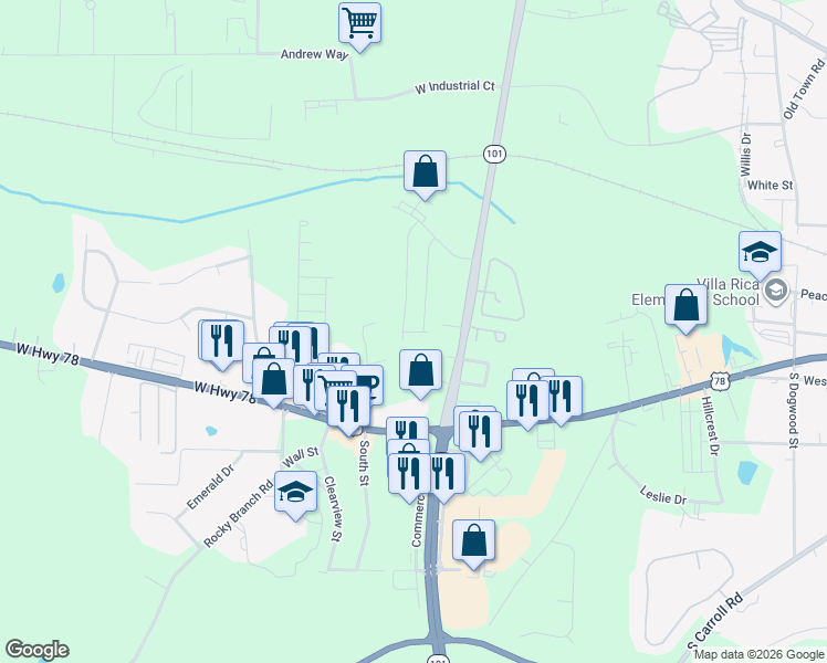 map of restaurants, bars, coffee shops, grocery stores, and more near 161 Commerce Drive in Villa Rica