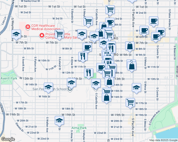 map of restaurants, bars, coffee shops, grocery stores, and more near 858 West 12th Street in Los Angeles
