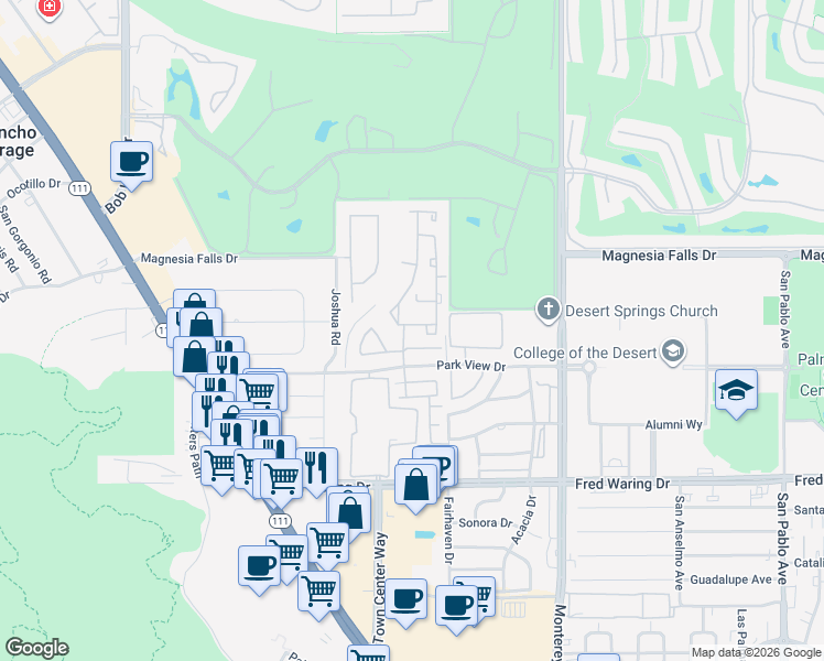 map of restaurants, bars, coffee shops, grocery stores, and more near 2 Vistara Drive in Rancho Mirage