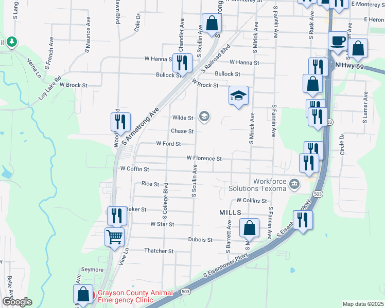 map of restaurants, bars, coffee shops, grocery stores, and more near 901 West Florence Street in Denison