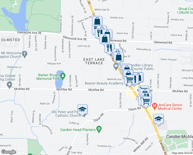 map of restaurants, bars, coffee shops, grocery stores, and more near 2460 Mellville Avenue in Decatur