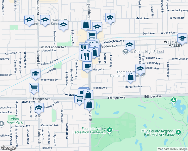 map of restaurants, bars, coffee shops, grocery stores, and more near 15781 Exeter Street in Westminster