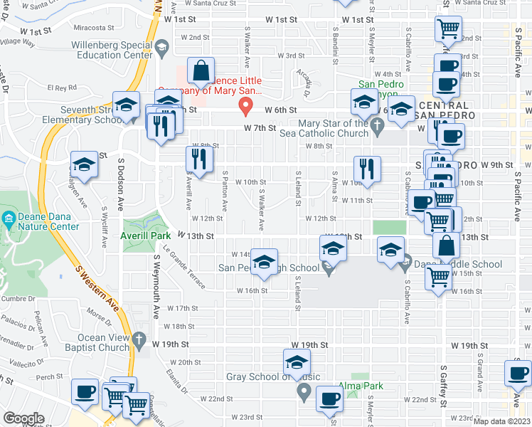 map of restaurants, bars, coffee shops, grocery stores, and more near 1195 West 11th Street in Los Angeles