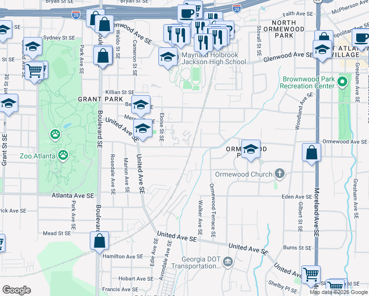 map of restaurants, bars, coffee shops, grocery stores, and more near 799 Ormewood Avenue Southeast in Atlanta