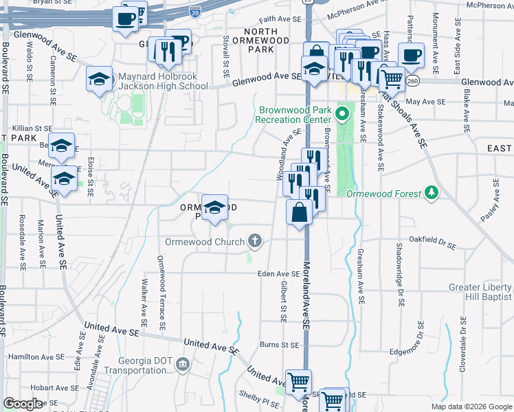 map of restaurants, bars, coffee shops, grocery stores, and more near 1075 Ormewood Avenue Southeast in Atlanta