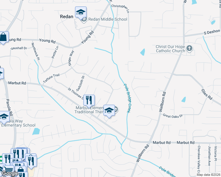 map of restaurants, bars, coffee shops, grocery stores, and more near 2015 Singer Way in Lithonia