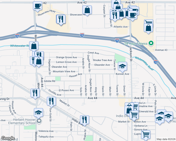 map of restaurants, bars, coffee shops, grocery stores, and more near 43419 Deglet Noor Street in Indio