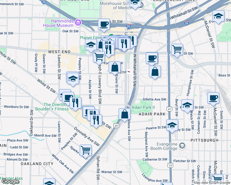 map of restaurants, bars, coffee shops, grocery stores, and more near 849 Beecher Street Southwest in Atlanta