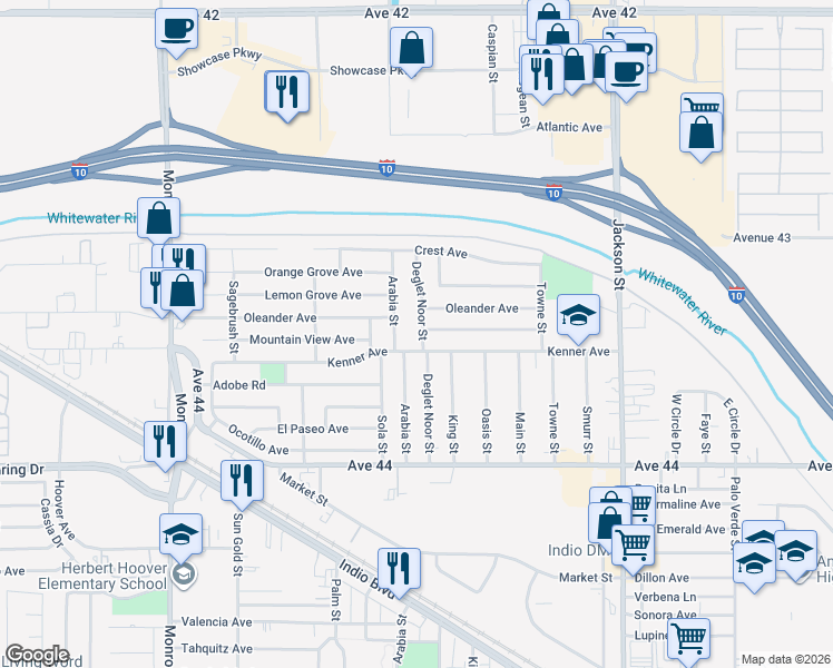 map of restaurants, bars, coffee shops, grocery stores, and more near 43419 Deglet Noor Street in Indio