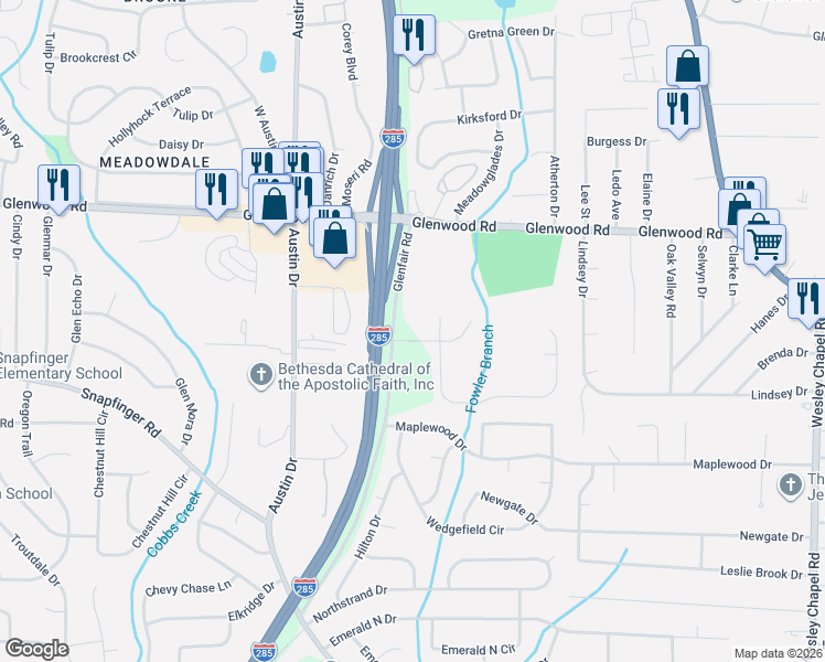 map of restaurants, bars, coffee shops, grocery stores, and more near 3892 Glenwood Road in Decatur