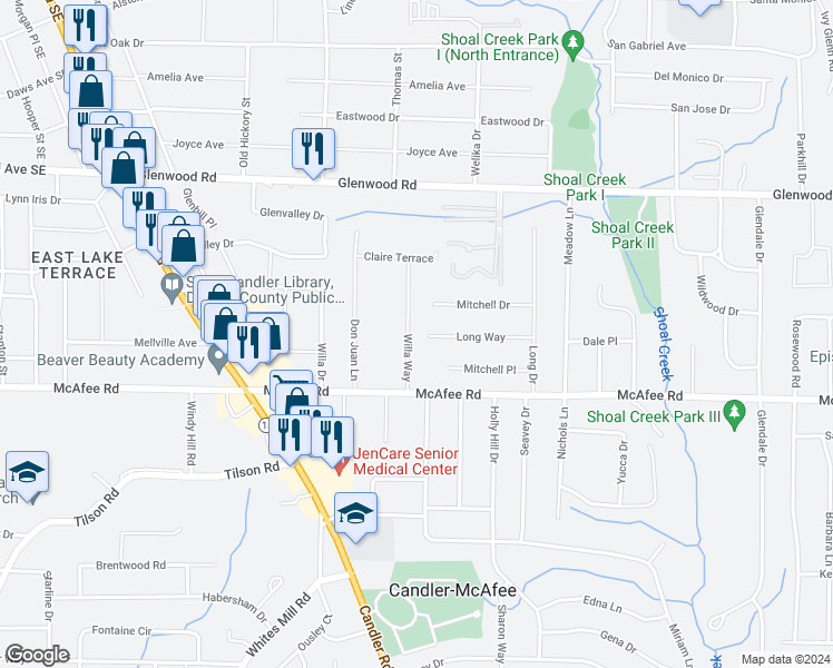 map of restaurants, bars, coffee shops, grocery stores, and more near 1956 Willa Way in Decatur