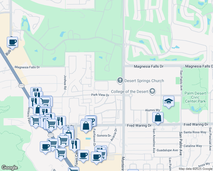 map of restaurants, bars, coffee shops, grocery stores, and more near 72793 Fleetwood Circle in Palm Desert