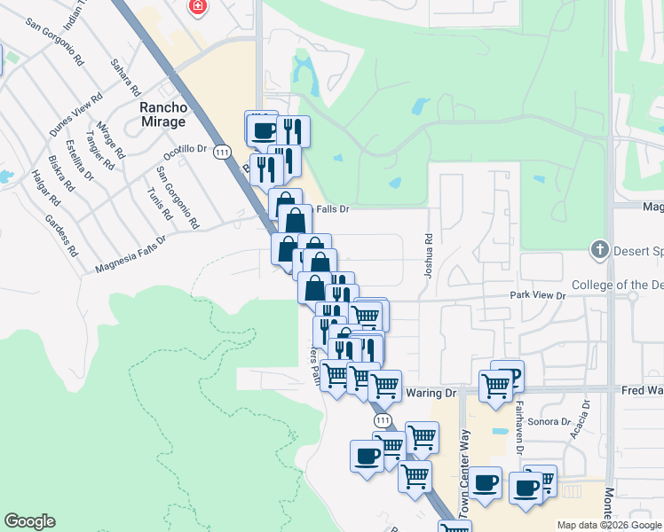 map of restaurants, bars, coffee shops, grocery stores, and more near 72211 Rancho Road in Rancho Mirage