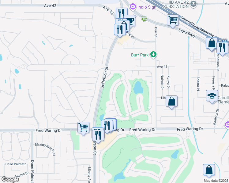 map of restaurants, bars, coffee shops, grocery stores, and more near 43388 Saint Andrews Drive in Indio
